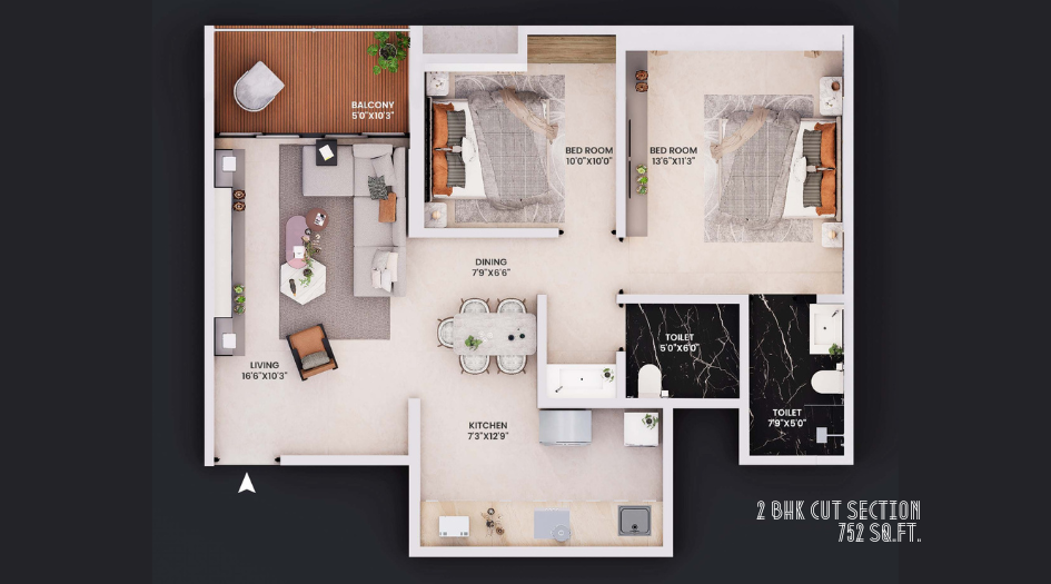 Evana-Homes-Floor-Plan-2-BHK-752-Sqft