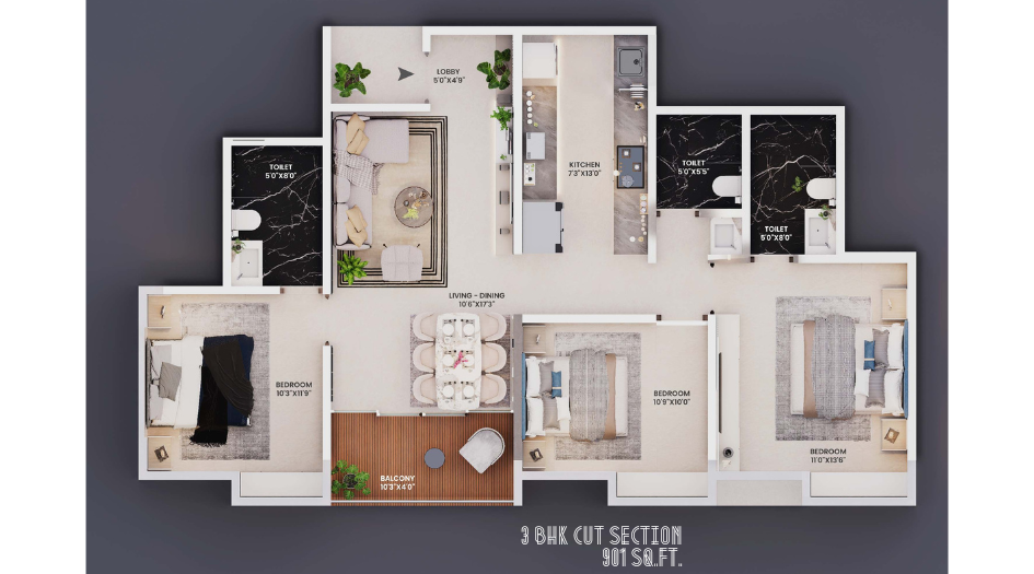 Evana-Homes-Floor-Plan-3-BHK-981-Sqft